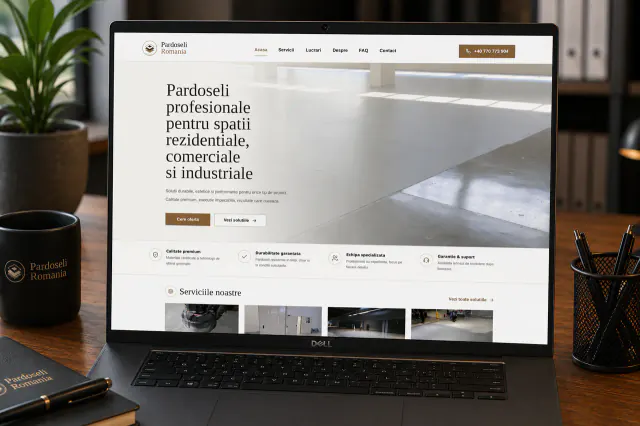 Mockup desktop cu site-ul Pardoseli România realizat de BrandWave